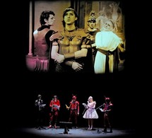 De gauche à droite : Benjamin Biolay (Ottone), Carl Barât (Nero), Achilles 'AC' Charrington (soldat), Anna Madison (Drusilla), Marcus 'Matic Mouth' Smith (Soldat) © Marie-Noëlle Robert/Théâtre du Châtelet.