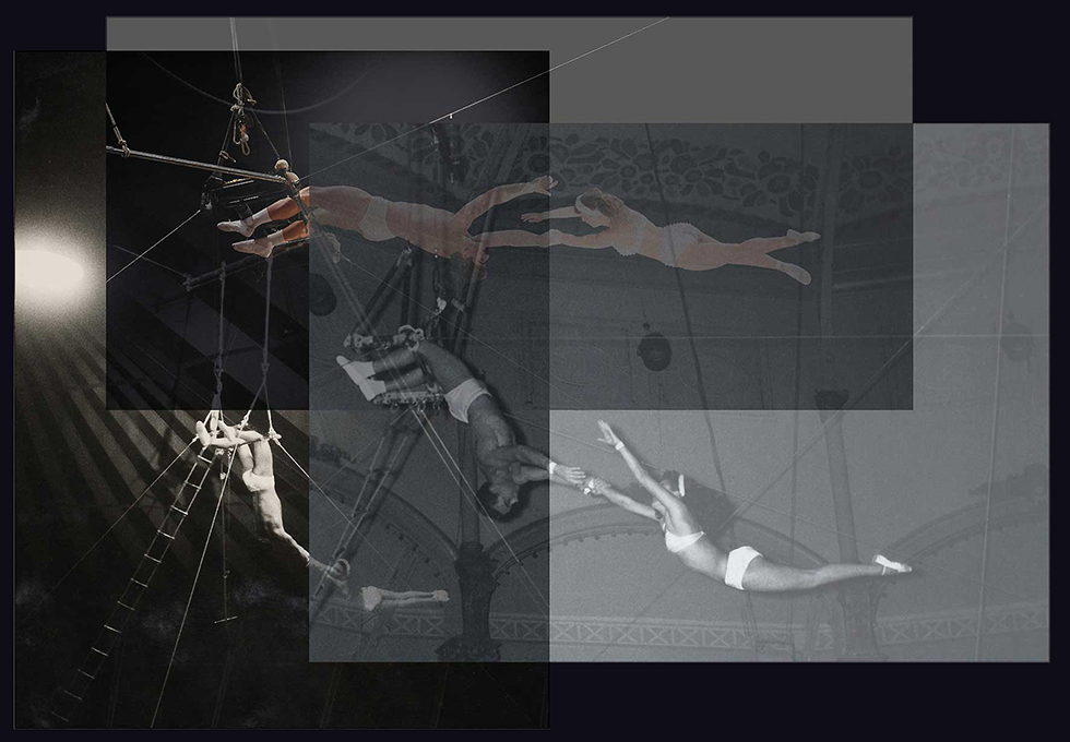 Suzanne M. et son mari Roger, artistes voltigeurs © Collage Axelle Gonay/Fonds des Antinoüs - Pierre Dannès - Alain Julien.